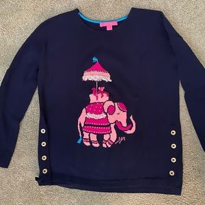 Lilly Pulitizer pink elephant sweater with decorative side gold buttons size sm
